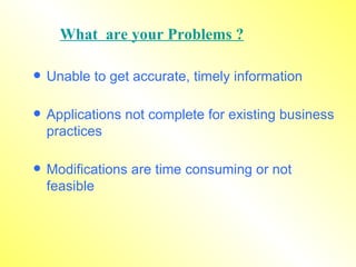 Unable to get accurate, timely information Applications not complete for existing business practices Modifications are time consuming or not   feasible What  are your Problems ? 