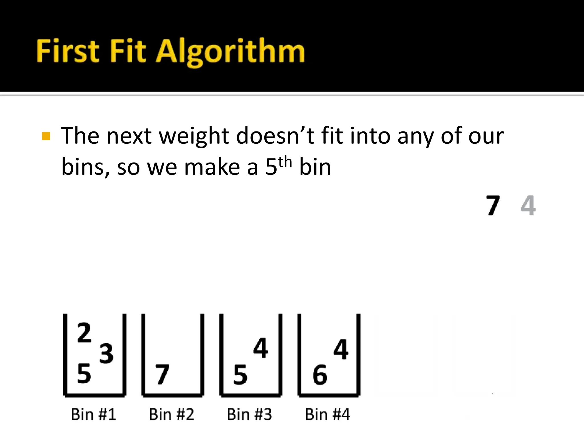  The next weight doesn’t fit into any of our
bins, so we make a 5th bin
 
