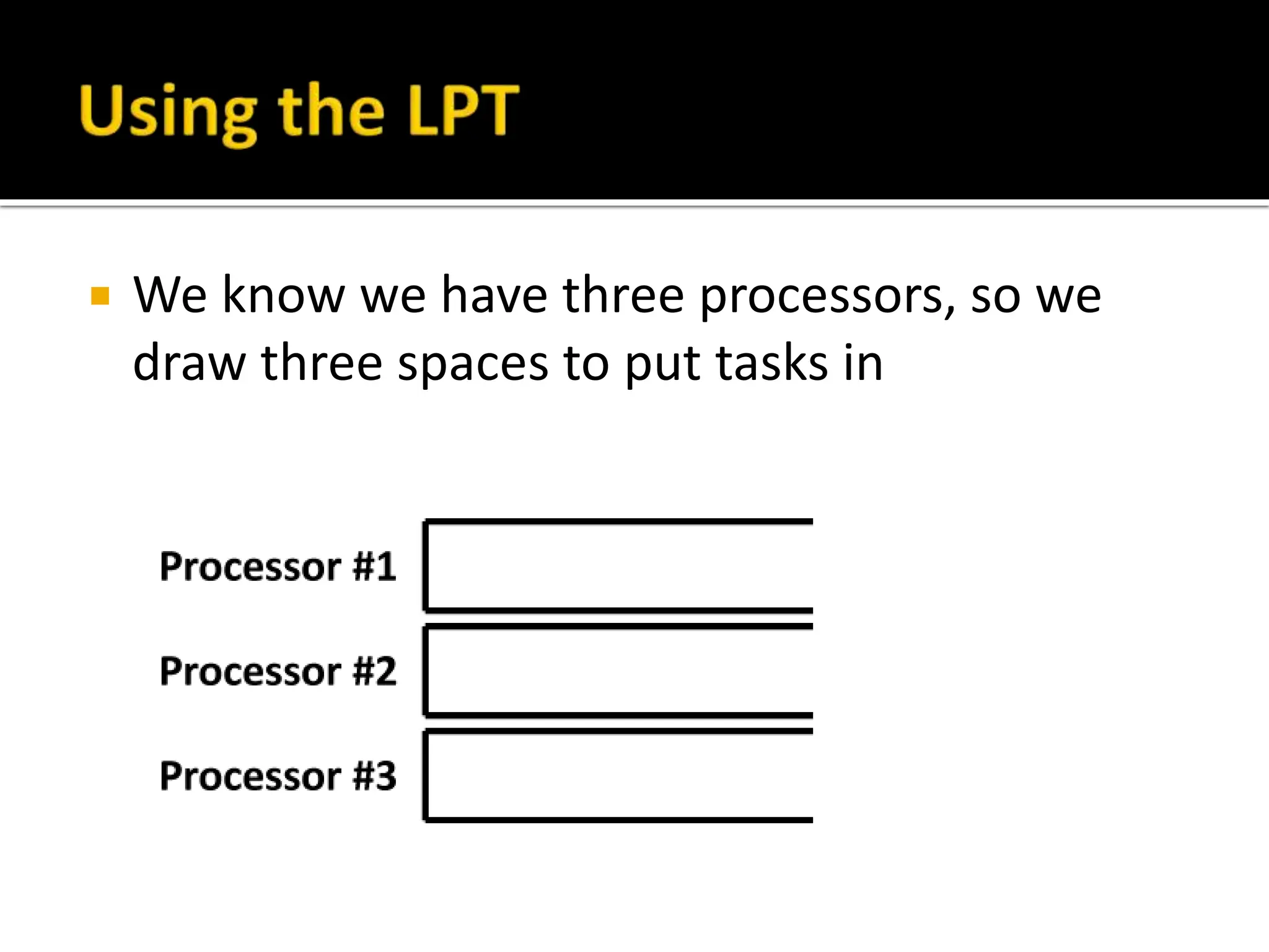  We know we have three processors, so we
draw three spaces to put tasks in
 