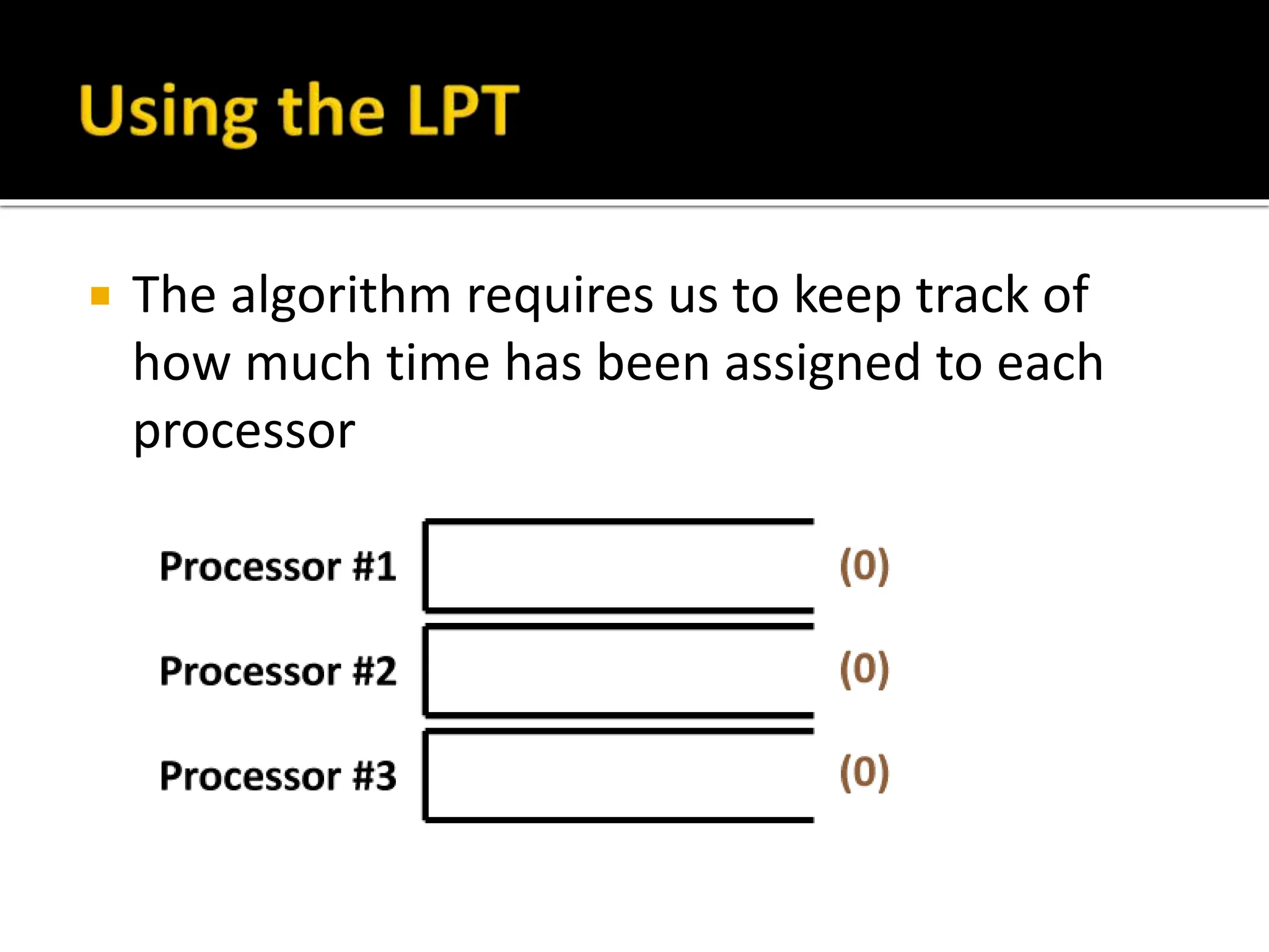  The algorithm requires us to keep track of
how much time has been assigned to each
processor
 