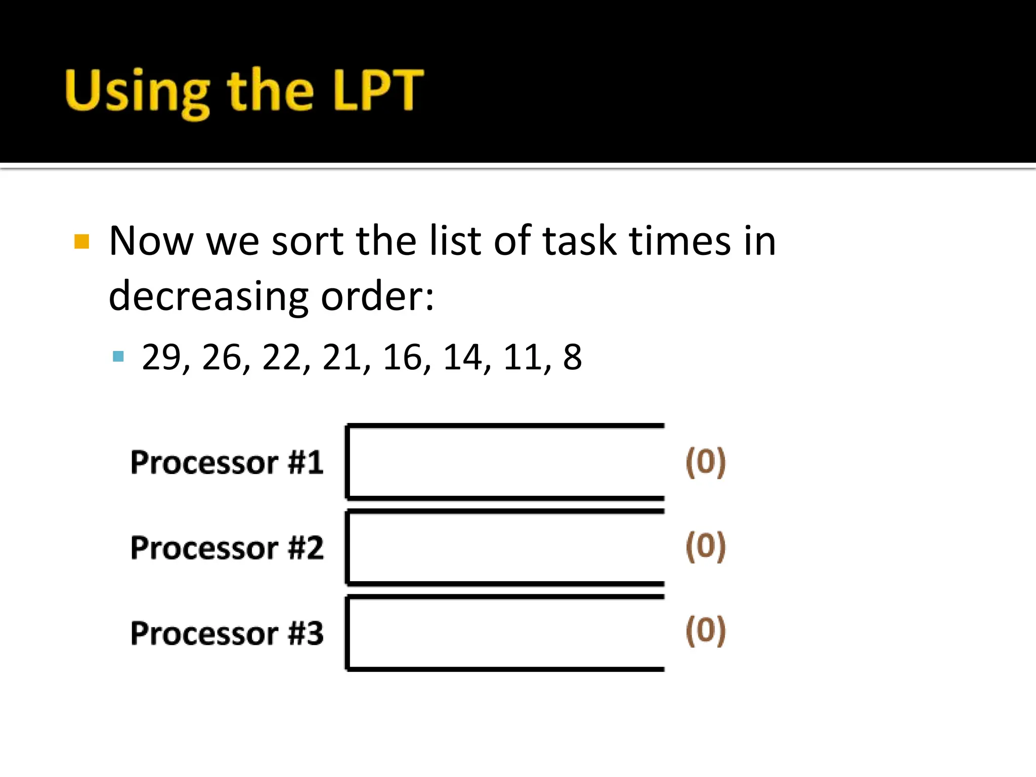  Now we sort the list of task times in
decreasing order:
 29, 26, 22, 21, 16, 14, 11, 8
 