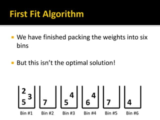  We have finished packing the weights into six
bins
 But this isn’t the optimal solution!
 