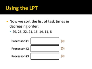  Now we sort the list of task times in
decreasing order:
 29, 26, 22, 21, 16, 14, 11, 8
 
