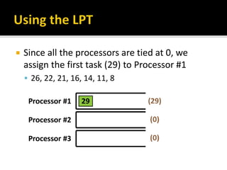  Since all the processors are tied at 0, we
assign the first task (29) to Processor #1
 26, 22, 21, 16, 14, 11, 8
 