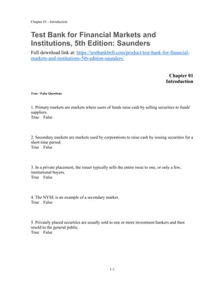 Test Bank for Financial Markets and Institutions, 5th Edition: Saunders ...
