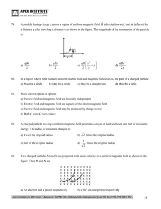 

79.

A particle having charge q enters a region of uniform magnetic field B (directed inwards) and is deflected by
a distance y after traveling a distance x as shown in the figure. The magnitude of the momentum of the particle
is

a)

80.

qBx
2

qBy
2

c)


qB  x 2
  y
 y

2 


d)

qBy 2
2x

In a region where both nonzero uniform electric field and magnetic field coexist, the path of a charged particle
a) Must be a circle

81.

b)

b) May be a circle

c) May be a straight line

d) Must be a helix

Mark correct option or options
a) Electric field and magnetic field are basically independent
b) Electric field and magnetic field are aspects of the electromagnetic field
c) Electric field and magnetic field may be produced by charge in rest
d) Both (1) and (3) are correct

82.

A charged particle moving a uniform magnetic field penetrates a layer of lead and loses one half of its kinetic
energy. The radius of curvature changes to
a) Twice the original radius

2 times the original radius

c) half of the original radius

83.

b)
d)

1
times the original radius
2

Two charged particles M and N are projected with same velocity in a uniform magnetic field as shown in the
figure. Then M and N are

a) An electron and a proton respectively

b) a He+ ion and proton respectively

15

 