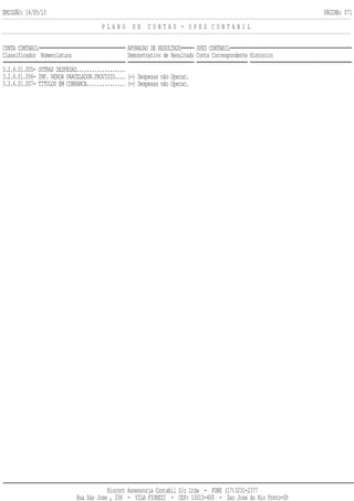EMISSÃO: 14/05/13 PÁGINA: 071
P L A N O D E C O N T A S - S P E D C O N T A B I L
CONTA CONTABIL APURACAO DE RESULTADO SPED CONTABIL
Classificador Nomenclatura Demonstrativo de Resultado Conta Correspondente Historico
3.2.6.01.005- OUTRAS DESPESAS...................
3.2.6.01.006- IMP. RENDA PARCELADON.PROVISIO.... (-) Despesas não Operac.
3.2.6.01.007- TITULOS EM COBRANCA............... (-) Despesas não Operac.
Riocont Assessoria Contabil S/c Ltda - FONE (17)3231-2377
Rua Sao Jose , 258 - VILA FIOREZI - CEP: 15015-400 - Sao Jose do Rio Preto-SP
 