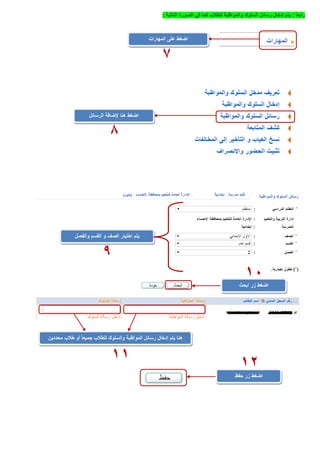 ً‫ا‬‫رابع‬:‫للطالب‬ ‫والمواظبة‬ ‫السلوك‬ ‫رسائل‬ ‫إدخال‬ ‫يتم‬‫التالية‬ ‫الصورة‬ ‫في‬ ‫كما‬:
‫المهارات‬ ‫على‬ ‫اضغط‬
7
‫إلضافة‬ ‫هنا‬ ‫اضغط‬‫الرسائل‬
8
‫اختيار‬ ‫يتم‬‫والفصل‬ ‫القسم‬ ‫و‬ ‫الصف‬
11
‫ابحث‬ ‫زر‬ ‫اضغط‬
11
9
‫ا‬ ‫رسائل‬ ‫إدخال‬ ‫يتم‬ ‫هنا‬‫أو‬ ً‫ا‬‫جميع‬ ‫للطالب‬ ‫والسلوك‬ ‫لمواظبة‬‫محددين‬ ‫طالب‬
‫حفظ‬ ‫زر‬ ‫اضغط‬
12
 