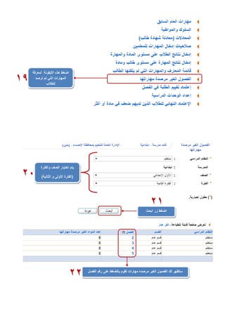 ‫اضغط‬‫األيقونة‬ ‫هذه‬‫لمعرفة‬
‫المهارات‬‫لم‬ ‫التي‬‫ترصد‬
‫للطالب‬
19
‫والفترة‬ ‫الصف‬ ‫اختيار‬ ‫يتم‬
(‫الثانية‬ ‫و‬ ‫األولى‬ ‫الفترة‬)21
‫ابحث‬ ‫زر‬ ‫اضغط‬
21
‫الغير‬ ‫الفصول‬ ‫لك‬ ‫ستظهر‬‫مرصده‬‫الفصل‬ ‫رقم‬ ‫على‬ ‫بالضغط‬ ‫تقوم‬ ‫مهارات‬
22
 