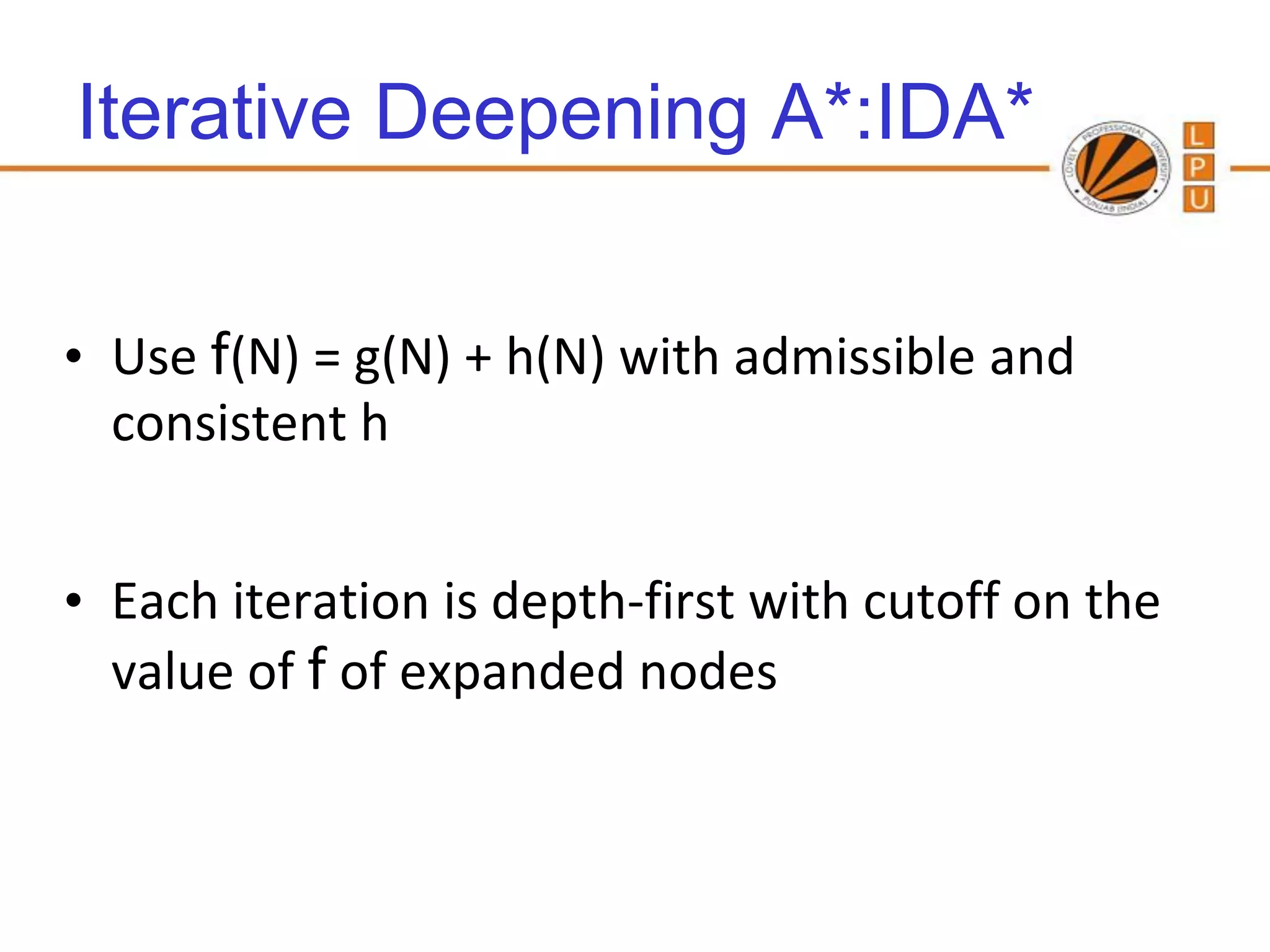 Iterative Deepening A*:IDA*


• Use f(N) = g(N) + h(N) with admissible and
  consistent h


• Each iteration is depth-first with cutoff on the
  value of f of expanded nodes
 