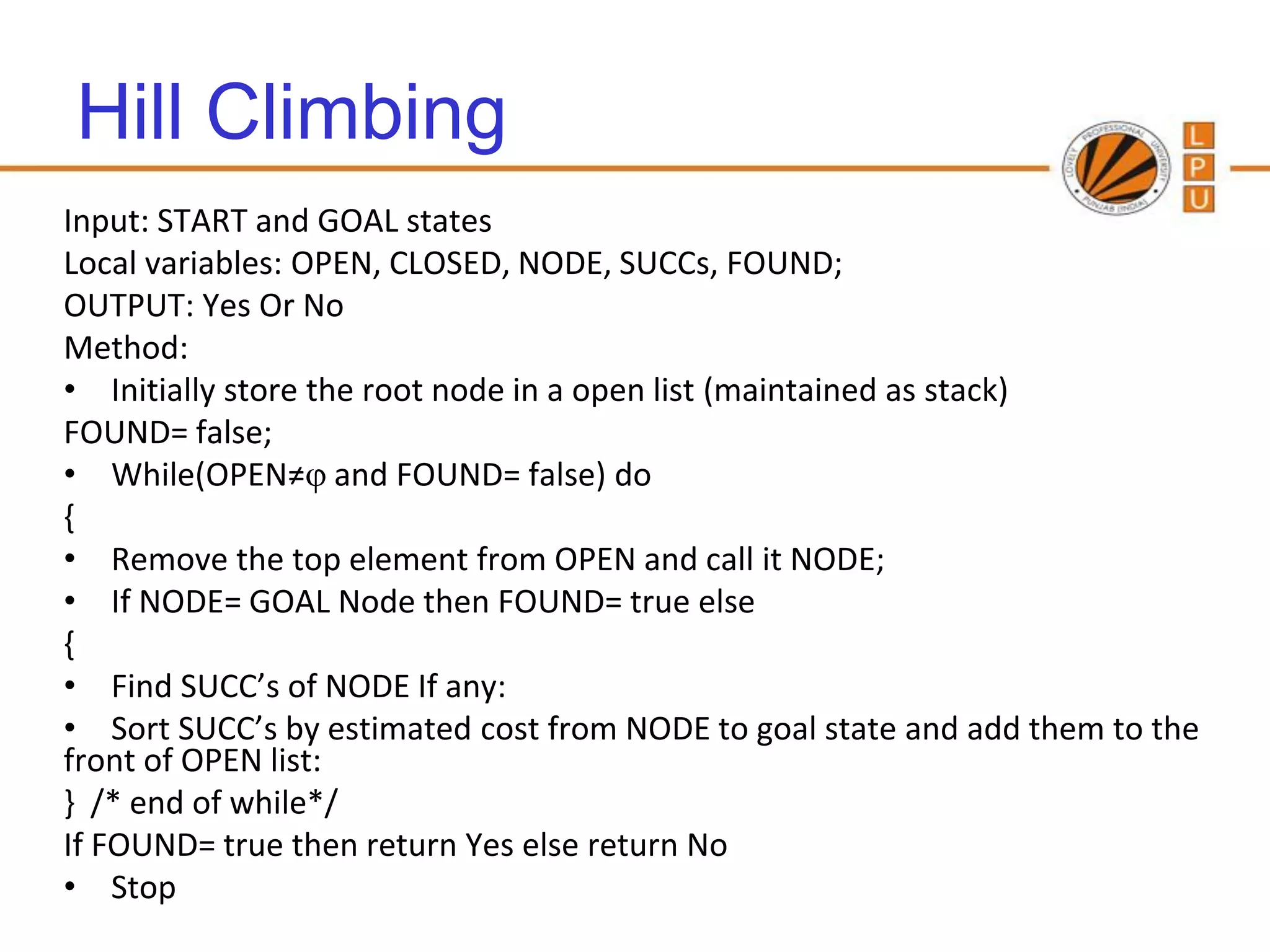 Hill Climbing
Input: START and GOAL states
Local variables: OPEN, CLOSED, NODE, SUCCs, FOUND;
OUTPUT: Yes Or No
Method:
• Initially store the root node in a open list (maintained as stack)
FOUND= false;
• While(OPEN≠ and FOUND= false) do
{
• Remove the top element from OPEN and call it NODE;
• If NODE= GOAL Node then FOUND= true else
{
• Find SUCC’s of NODE If any:
• Sort SUCC’s by estimated cost from NODE to goal state and add them to the
front of OPEN list:
} /* end of while*/
If FOUND= true then return Yes else return No
• Stop
 