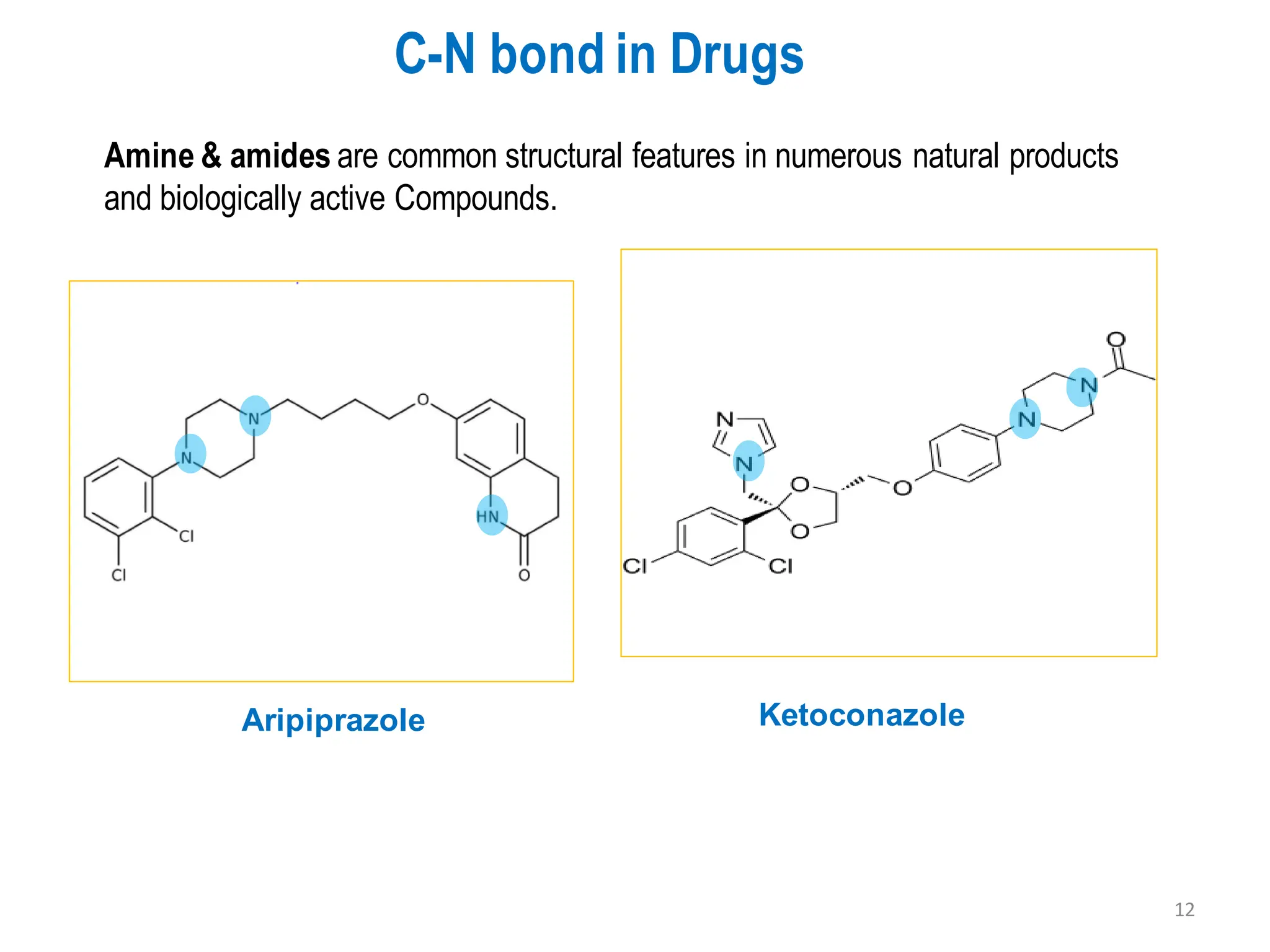 C-N bond in Drugs
Amine & amides are common structural features in numerous natural products
and biologically active Compounds.
Ketoconazole
Aripiprazole
12
 