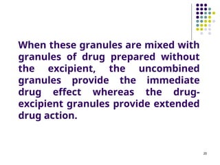 When these granules are mixed with
granules of drug prepared without
the excipient, the uncombined
granules provide the immediate
drug effect whereas the drug-
excipient granules provide extended
drug action.
20
 
