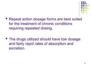  Repeat action dosage forms are best suited
for the treatment of chronic conditions
requiring repeated dosing.
 The drugs utilized should have low dosage
and fairly rapid rates of absorption and
excretion.
30
 