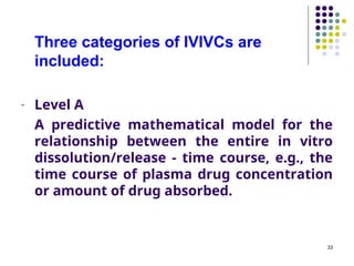 Three categories of IVIVCs are
included:
- Level A
A predictive mathematical model for the
relationship between the entire in vitro
dissolution/release - time course, e.g., the
time course of plasma drug concentration
or amount of drug absorbed.
33
 