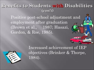 Benefits to StudentsBenefits to Students withwith DisabilitiesDisabilities
(con’t)(con’t)
Positive post-school adjustment and
employment after graduation
(Brown et al., 1987; Hasazi,
Gordon, & Roe, 1985).
Increased achievement of IEP
objectives (Brinker & Thorpe,
1984).
 