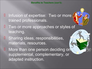 Benefits to Teachers (con’t):
 Infusion of expertise: Two or more
trained professionals.
 Two or more approaches or styles of
teaching.
 Sharing ideas, responsibilities,
materials, resources.
 More than one person deciding on
supplemental, complementary, or
adapted instruction.
 