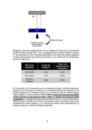 6
Respecto a la tasa empresarial de Tercera Categoría, hasta el 31 de diciembre
de 2014 la tasa era del 30%. Con la publicación de la Ley Nº 30296 con fecha
31 de diciembre de 2014, las tasas aplicables a las rentas de tercera categoría
(rentas empresariales de personas jurídicas) y a la distribución de dividendos,
serán las siguientes:
Ejercicios
gravables
Tasas 3ra
Categoría
Tasas a la
distribución de
dividendos
2015-2016 28% 6.8%
2017-2018 27% 8.0%
2019 en
adelante
26% 9.3%
En conclusión, en el supuesto que una empresa peruana, controle inversiones
pasivas en el extranjero a través de una sociedad holding que califique como
ECND ubicada en un Paraíso Fiscal o en un país en que las rentas pasivas
estén sujetas a una tasa efectiva del IR inferior al 21% en los ejercicios 2015
y 2016, 20.25% en los ejercicios 2017 y 2018, y; 19.54% en el ejercicio 2019
en adelante, la referida empresa peruana deberá tributar por las rentas pasivas
obtenidas por la ECND de manera anual siempre que el resultado luego de la
compensación fuese positivo, y no cuando las rentas sean percibidas por la
empresa peruana, conforme al régimen general.
 