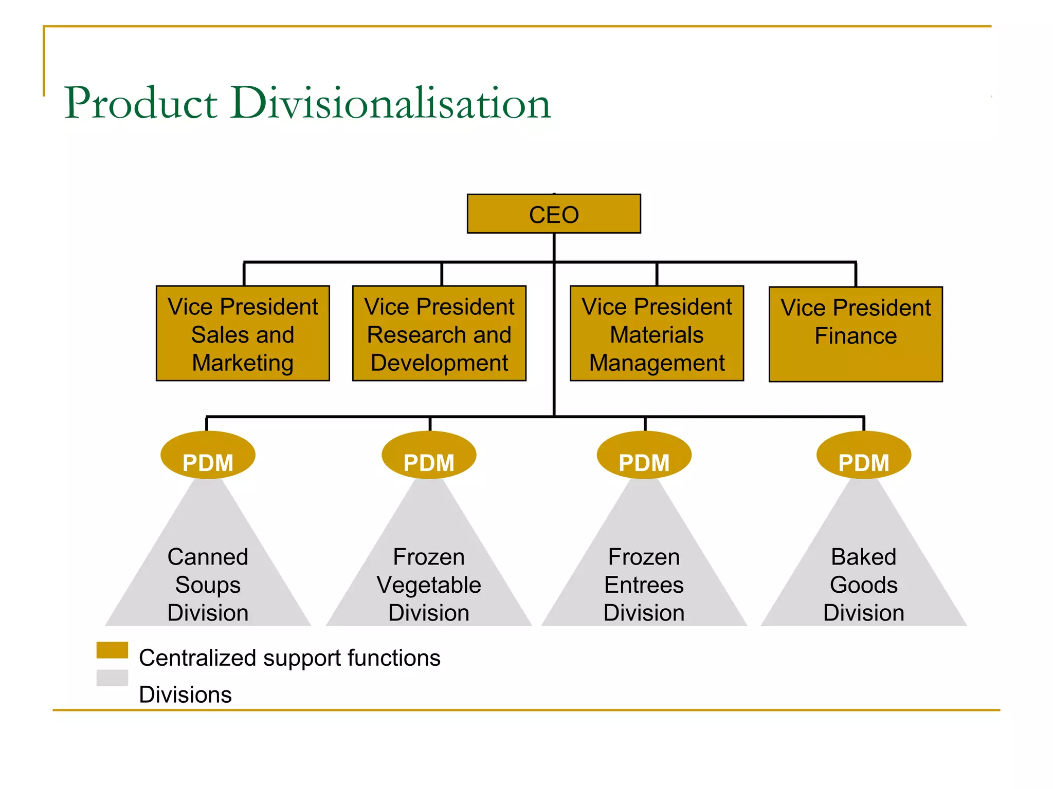 Product Divisionalisation
Vice President
Sales and
Marketing
Vice President
Research and
Development
Vice President
Materials
Management
CEO
Vice President
Finance
Canned
Soups
Division
PDM
Frozen
Vegetable
Division
PDM
Frozen
Entrees
Division
PDM
Baked
Goods
Division
PDM
Centralized support functions
Divisions
 