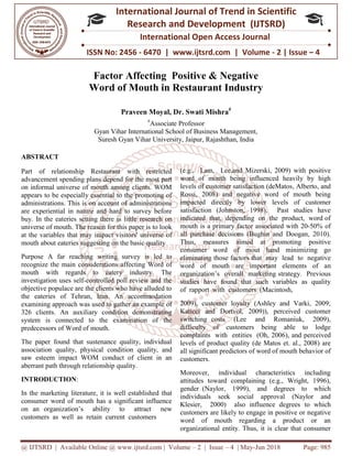 Factor Affecting Positive & Negative Word of Mouth in Restaurant ...