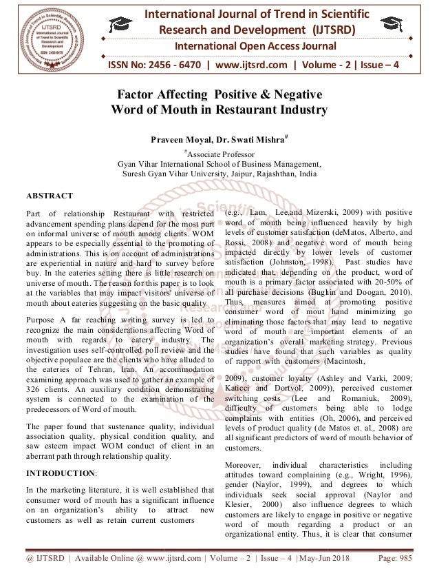 factor affecting positive negative word of mouth in restaurant indu