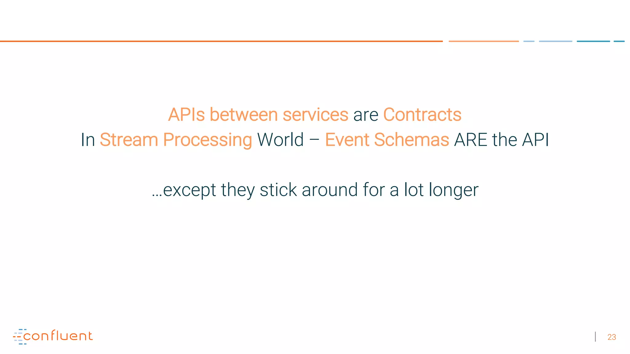 23
APIs between services are Contracts
In Stream Processing World – Event Schemas ARE the API
…except they stick around for a lot longer
 
