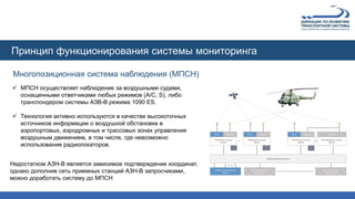 Многопозиционная система наблюдения (МПСН)
Принцип функционирования системы мониторинга
 МПСН осуществляет наблюдение за воздушными судами,
оснащенными ответчиками любых режимов (A/C, S), либо
транспондером системы АЗВ-В режима 1090 ES.
 Технология активно используются в качестве высокоточных
источников информации о воздушной обстановке в
аэропортовых, аэродромных и трассовых зонах управления
воздушным движением, в том числе, где невозможно
использование радиолокаторов.
Среда передачи данных
Сервер-концентратор
МПСН
Дистанционный
терминал 1
Дистанционный
терминал M
ГНСС 1090 ES
Приемная станция
МПСН
ГНСС 1090 ES
Приемная станция
МПСН
1090 ES
Передающая станция
МПСН
ГНСС 1090 ES
Приемная станция
МПСН
1
N-
1 N
Недостатком АЗН-В является зависимое подтверждение координат,
однако дополнив сеть приемных станций АЗН-В запросчиками,
можно доработать систему до МПСН
 