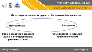 Интеграция технических средств обеспечения безопасности
Программная Аппаратная
Сбор, обработка и хранение
данных от оборудования
различных типов
Объединение нескольких
приборов в одном
 