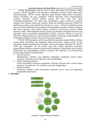 Arifin dan Ircham
Jurnal Ilmu Komputer dan Bisnis (JIKB), Desember-2021, Vol.XII, No.2a, hal.59-73
61
TOGAF dikembangkan oleh The Open Group’s pada tahun 1995 [Harrison, 2009].
Awalnya TOGAF digunakan oleh departemen pertahanan Amerika Serikat namun pada
perkembangannya TOGAF banyak digunakan pada berbagai bidang seperti perbankan,
industri manufaktur dan juga pendidikan. TOGAF digunakan untuk mengembangkan
arsitektur enterprise, dimana terdapat metode dan tools yang rinci untuk
mengimplementasikannya, hal inilah yang membedakan dengan framework arsitektur
enterprise lain misalnya framework zachman. Salah satu kelebihan framework TOGAF ini
adalah karena sifatnya yang fleksibel dan bersifat open source. TOGAF memberikan metode
yang rinci dalam membangun dan mengelola serta mengimplementasikan arsitektur enterprise
dan sistem informasi yang disebut dengan Architecture Development Method (ADM)
[Harrison, 2009]. ADM merupakan metode generik yang berisikan sekumpulan aktivitas yang
digunakan dalam memodelkan pengembangan arsitektur enterprise. Metode ini juga bisa
digunakan sebagai panduan atau alat untuk merencanakan, merancang, mengembangkan dan
mengimplementasikan arsitektur sistem informasi untuk organisasi.
TOGAF ADM merupakan metode yang fleksibel yang dapat mengidentifikasi berbagai
macam teknik pemodelan yang digunakan dalam perencanaan, karena metode ini bisa
disesuaikan dengan perubahan dan kebutuhan selama perancangan dilakukan [6]. TOGAF
ADM juga menyatakan visi dan prinsip yang jelas tentang bagaimana melakukan
pengembangan arsitektur enterprise, prinsip tersebut digunakan sebagai ukuran dalam menilai
keberhasilan dari pengembangan arsitektur enterprise oleh organisasi [7], prinsip-prinisip
tersebut dapat dijelaskan sebagai berikut:
1. Prinsip Enterprise
Pengembangan arsitektur yang dilakukan diharapkan mendukung seluruh bagian
organisasi, termasuk unit-unit organisasi yang membutuhkan.
2. Prinsip Teknologi Informasi
Lebih mengarahkan konsistensi penggunaan teknologi informasi pada seluruh bagian
organisasi, termasuk unit- unit organisasi yang akan menggunakan.
3. Prinsip Arsitektur
Merancang arsitektur sistem berdasarkan kebutuhan proses bisnis dan bagaimana
mengimplementasikannya.
3. METODE
Gambar 1.Tahapan Metode Penelitian
 
