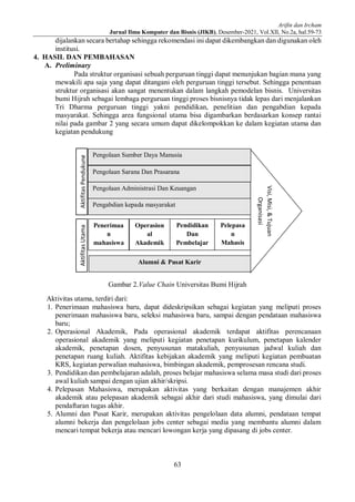 Arifin dan Ircham
Jurnal Ilmu Komputer dan Bisnis (JIKB), Desember-2021, Vol.XII, No.2a, hal.59-73
63
dijalankan secara bertahap sehingga rekomendasi ini dapat dikembangkan dan digunakan oleh
institusi.
4. HASIL DAN PEMBAHASAN
A. Preliminary
Pada struktur organisasi sebuah perguruan tinggi dapat menunjukan bagian mana yang
mewakili apa saja yang dapat ditangani oleh perguruan tinggi tersebut. Sehingga penentuan
struktur organisasi akan sangat menentukan dalam langkah pemodelan bisnis. Universitas
bumi Hijrah sebagai lembaga perguruan tinggi proses bisnisnya tidak lepas dari menjalankan
Tri Dharma perguruan tinggi yakni pendidikan, penelitian dan pengabdian kepada
masyarakat. Sehingga area fungsional utama bisa digambarkan berdasarkan konsep rantai
nilai pada gambar 2 yang secara umum dapat dikelompokkan ke dalam kegiatan utama dan
kegiatan pendukung
Gambar 2.Value Chain Universitas Bumi Hijrah
Aktivitas utama, terdiri dari:
1. Penerimaan mahasiswa baru, dapat dideskripsikan sebagai kegiatan yang meliputi proses
penerimaan mahasiswa baru, seleksi mahasiswa baru, sampai dengan pendataan mahasiswa
baru;
2. Operasional Akademik, Pada operasional akademik terdapat aktifitas perencanaan
operasional akademik yang meliputi kegiatan penetapan kurikulum, penetapan kalender
akademik, penetapan dosen, penyusunan matakuliah, penyusunan jadwal kuliah dan
penetapan ruang kuliah. Aktifitas kebijakan akademik yang meliputi kegiatan pembuatan
KRS, kegiatan perwalian mahasiswa, bimbingan akademik, pemprosesan rencana studi.
3. Pendidikan dan pembelajaran adalah, proses belajar mahasiswa selama masa studi dari proses
awal kuliah sampai dengan ujian akhir/skripsi.
4. Pelepasan Mahasiswa, merupakan aktivitas yang berkaitan dengan manajemen akhir
akademik atau pelepasan akademik sebagai akhir dari studi mahasiswa, yang dimulai dari
pendaftaran tugas akhir.
5. Alumni dan Pusat Karir, merupakan aktivitas pengelolaan data alumni, pendataan tempat
alumni bekerja dan pengelolaan jobs center sebagai media yang membantu alumni dalam
mencari tempat bekerja atau mencari lowongan kerja yang dipasang di jobs center.
Visi,
Misi,
&
Tujuan
Organisasi
Pengolaan Sarana Dan Prasarana
Pengolaan Administrasi Dan Keuangan
Operasion
al
Akademik
Pendidikan
Dan
Pembelajar
an
Aktifitas
Pendukung
Penerimaa
n
mahasiswa
Baru
Pengolaan Sumber Daya Manusia
Aktifitas
Utama
Pengabdian kepada masyarakat
Pelepasa
n
Mahasis
wa
Alumni & Pusat Karir
 