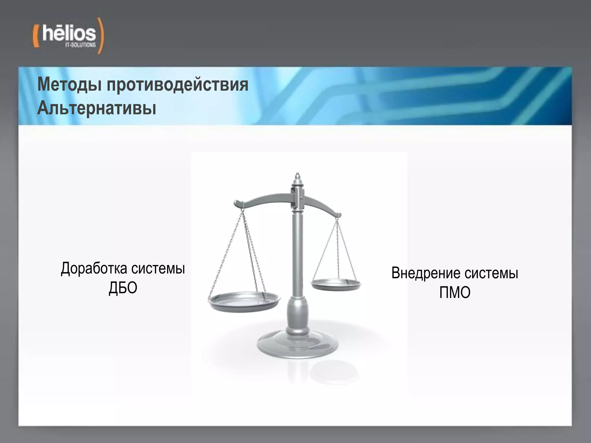 Методы противодействия Альтернативы Доработка системы ДБО Внедрение системы ПМО 