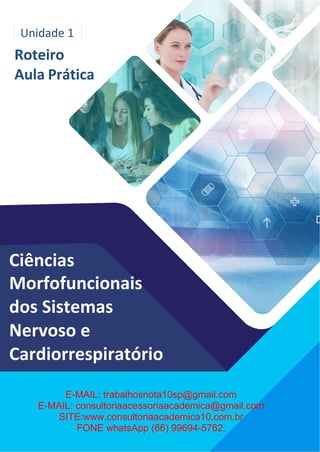 Unidade 1
Roteiro
Aula Prática
Ciências
Morfofuncionais
dos Sistemas
Nervoso e
Cardiorrespiratório
E-MAIL: trabalhosnota10sp@gmail.com
E-MAIL: consultoriaacessoriaacademica@gmail.com
SITE:www.consultoriaacademica10.com.br
FONE whatsApp (66) 99694-5762.
 