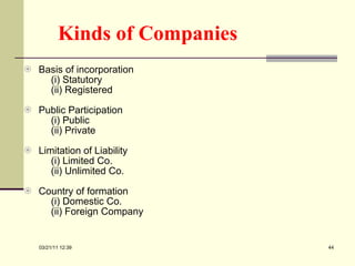 Kinds of Companies Basis of incorporation  (i) Statutory  (ii) Registered Public Participation (i) Public (ii) Private Limitation of Liability (i) Limited Co. (ii) Unlimited Co. Country of formation (i) Domestic Co.  (ii) Foreign Company 03/21/11   12:07 