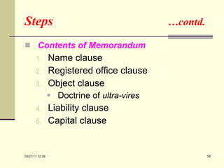Steps  …contd. Contents of Memorandum  Name clause Registered office clause Object clause Doctrine of  ultra-vires Liability clause Capital clause 03/21/11   12:07 