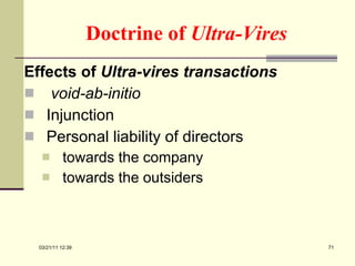 Doctrine of  Ultra-Vires Effects of  Ultra-vires transactions void-ab-initio   Injunction Personal liability of directors towards the company towards the outsiders 03/21/11   12:07 
