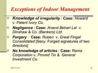 Exceptions of Indoor Management Knowledge  of irregularity  :  Case:   Howard v. Patent Ivory Co.   Negligence  :  Case:   Anand Behari Lal   v.  Dinshaw & Co. (Bankers) Ltd.   Forgery  :  Case:   Ruben   v.  Great Fingal Consolidated  [Secy. Forged signatures of two directors] No knowledge of articles  :  Case:   Rama Corporation  v.  Proved Tin &  General Investment Co.   03/21/11   12:07 