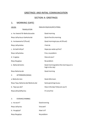 GREETINGS AND INITIAL COMMUNICATION
SECTION A: GREETINGS
1. MORNING (SAFE)
HAUSA ENGLISH EQUIVALENT/LITERAL
TRANSLATION
a. Ina kwana?Or Barka da asuba Good morning
Resp:Lafiyalauor barkaka dai Quite fine thismorning
b. Ina kwananku?(Plural) Good morningtoyou all (Plural)
Resp:Lafiyakalau I feel ok
c. Antashi lafiya? Hope you woke upfine?
Resp:Lafiyakalau Fine,noproblem
d. In gajiya How are you?
Resp:Ba gajiya No problem
e. Barka da hantsi Good morning(whenthe morningsunis
highinthe sky)
Resp:Barka ka dai Good morning
2. AFTERNOON (RANA)
a. Barka da rana Good afternoon
Resp:Yaya, Barka ka dai/Barka ka dai Same greetingstoyou
b. Yaya yau dai? How isthe day? (How are you?)
Resp:Lafiya/lafiyalau It’sveryfine
3. EVENING(YAMMA)
a. Ina wuni? Good evening
Resp:Lafiyalau Verywell
b. Ina gajiya? How isit?
Resp:Ba gajiya No problem
 