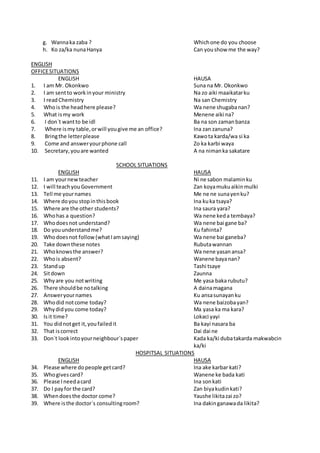 g. Wannaka zaba ? Whichone do you choose
h. Ko za/ka nunaHanya Can youshow me the way?
ENGLISH
OFFICESITUATIONS
ENGLISH HAUSA
1. I am Mr. Okonkwo Suna na Mr. Okonkwo
2. I am sentto workinyour ministry Na zo aiki maaikatarku
3. I readChemistry Na san Chemistry
4. Whois the headhere please? Wa nene shugabanan?
5. What ismy work Menene aiki na?
6. I don`t wantto be idl Ba na son zaman banza
7. Where ismy table,orwill yougive me an office? Ina zan zanuna?
8. Bringthe letterplease Kawota karda/wa si ka
9. Come and answeryourphone call Zo ka karbi waya
10. Secretary,youare wanted A na nimanka sakatare
SCHOOL SITUATIONS
ENGLISH HAUSA
11. I am yournewteacher Ni ne sabon malaminku
12. I will teachyouGovernment Zan koyamukuaikinmulki
13. Tell me yournames Me ne ne sunayenku?
14. Where doyou stopinthisbook Ina kuka tsaya?
15. Where are the other students? Ina saura yara?
16. Whohas a question? Wa nene keda tembaya?
17. Whodoesnot understand? Wa nene bai gane ba?
18. Do youunderstandme? Ku fahinta?
19. Whodoesnot follow(whatIamsaying) Wa nene bai ganeba?
20. Take down these notes Rubutawannan
21. Whoknowsthe answer? Wa nene yasanansa?
22. Whois absent? Wanene bayanan?
23. Standup Tashi tsaye
24. Sitdown Zaunna
25. Whyare you notwriting Me yasa baka rubutu?
26. There shouldbe notalking A dainamagana
27. Answeryournames Ku ansasunayanku
28. Whodid notcome today? Wa nene baizobayan?
29. Whydidyou come today? Ma yasa ka ma kara?
30. Isit time? Lokaci yayi
31. You didnotget it,youfailedit Ba kayi nasara ba
32. That iscorrect Dai dai ne
33. Don`t lookintoyourneighbour`spaper Kada ka/ki dubatakarda makwabcin
ka/ki
HOSPITSAL SITUATIONS
ENGLISH HAUSA
34. Please where dopeople getcard? Ina ake karbar kati?
35. Whogivescard? Wanene ke bada kati
36. Please Ineedacard Ina sonkati
37. Do I payfor the card? Zan biyakudinkati?
38. Whendoesthe doctor come? Yaushe likitazai zo?
39. Where isthe doctor`s consultingroom? Ina dakinganawada likita?
 