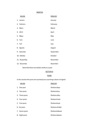 MONTHS
HAUSA ENGLISH
1. Janairu January
2. Febrairu February
3. Maris March
4. Afiril April
5. Mayu May
6. Yuni June
7. Yuli July
8. Agusta August
9. Satumba September
10. Oktoba October
11. Nuwamba November
12. Discemba December
Notethatthere are twelve mothsin a year
SECTION D
YEARS
In thissectionthe yearsare countedjusta countingisdone in English
HAUSA ENGLISH
1. One year Shekaradaya
2. Two years Shekarabiyu
3. Three years Shekaraukku
4. Four years Shekarahudu
5. Five years Shekarabiyar
6. Six years Shekarashidda
7. Sevenyears Shekarabakwar
8. Eightyears Shekaratakwas
 