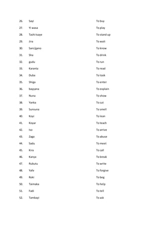 26. Sayi To buy
27. Yi wasa To play
28. Tashi tsaye To stand up
29. Jira To wait
30. Sani/gano To know
31. Sha To drink
32. gudu To run
33. Karanta To read
34. Duba To look
35. Shiga To enter
36. bayyana To explain
37. Nuna To show
38. Yanka To cut
39. Sunsuna To smell
40. Koyi To lean
41. Koyar To teach
42. Iso To arrive
43. Zaga To abuse
44. Sadu To meet
45. Kira To call
46. Kanya To break
47. Rubutu To write
48. Yafe To forgive
49. Roki To beg
50. Taimaka To help
51. Fadi To tell
52. Tambayi To ask
 