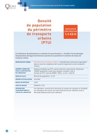 / 14 / Charte des services publics locaux
INDICATEUR
COMPLÉMENTAIRE
1.1-C2-U
Cet indicateur de performance se rattache à la sous fonction 1.1 Faciliter l’accès physique
(implantation des lignes/territoires) et permet de caractériser le territoire du réseau de
transport urbain.
Périmètre des transports urbains : ensemble des communes regroupées
dans la zone de compétence de l’autorité organisatrice des transports
urbains.
Nombre d’habitant du PTU, selon le dernier recensement réalisé par
l’INSEE (population totale avec doubles comptes), noté A
Surface du PTU, donnée INSEE / DGCL, en km2
, notée B
Densité de population : A / B
annuelle
unité
habitants / km2
Cet indicateur caractérise le territoire du réseau de transport et complète
les indicateurs de mesure de l’offre (kilomètres par habitant) et de la
demande (déplacements par habitant).
INFORMATIONS
COMPLÉMENTAIRES ET
LIMITES DE L’INDICATEUR
UNITÉ DE MESURE
NIVEAU DE PRÉCISION
PÉRIODE D’ACTUALISATION
MODE DE CALCUL
DONNÉES À MOBILISER
POUR LA CONSTRUCTION
DE L’INDICATEUR
DÉFINITION DES TERMES
Densité
de population
du périmètre
de transports
urbains
(PTU)
Indicateurs de performance des services de transport public
 
