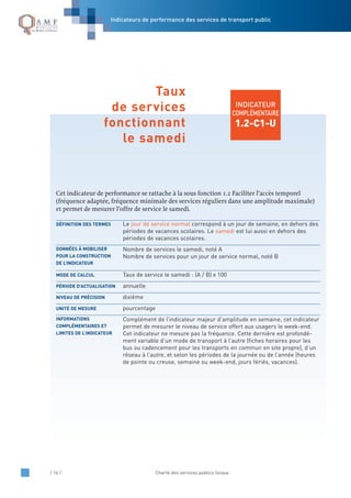 / 16 / Charte des services publics locaux
INDICATEUR
COMPLÉMENTAIRE
1.2-C1-U
Cet indicateur de performance se rattache à la sous fonction 1.2 Faciliter l’accès temporel
(fréquence adaptée, fréquence minimale des services réguliers dans une amplitude maximale)
et permet de mesurer l’offre de service le samedi.
Le jour de service normal correspond à un jour de semaine, en dehors des
périodes de vacances scolaires. Le samedi est lui aussi en dehors des
périodes de vacances scolaires.
Nombre de services le samedi, noté A
Nombre de services pour un jour de service normal, noté B
Taux de service le samedi : (A / B) x 100
annuelle
dixième
pourcentage
Complément de l’indicateur majeur d’amplitude en semaine, cet indicateur
permet de mesurer le niveau de service offert aux usagers le week-end.
Cet indicateur ne mesure pas la fréquence. Cette dernière est profondé-
ment variable d’un mode de transport à l’autre (fiches horaires pour les
bus ou cadencement pour les transports en commun en site propre), d’un
réseau à l’autre, et selon les périodes de la journée ou de l’année (heures
de pointe ou creuse, semaine ou week-end, jours fériés, vacances).
INFORMATIONS
COMPLÉMENTAIRES ET
LIMITES DE L’INDICATEUR
UNITÉ DE MESURE
NIVEAU DE PRÉCISION
PÉRIODE D’ACTUALISATION
MODE DE CALCUL
DONNÉES À MOBILISER
POUR LA CONSTRUCTION
DE L’INDICATEUR
DÉFINITION DES TERMES
Taux
de services
fonctionnant
le samedi
Indicateurs de performance des services de transport public
 