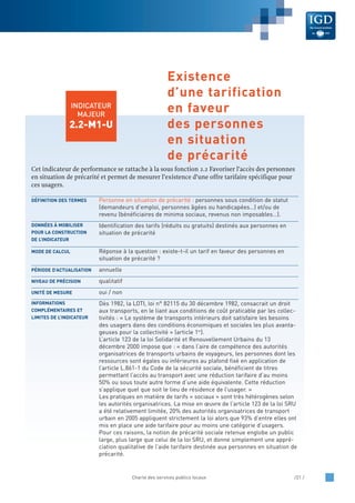 Cet indicateur de performance se rattache à la sous fonction 2.2 Favoriser l’accès des personnes
en situation de précarité et permet de mesurer l’existence d’une offre tarifaire spécifique pour
ces usagers.
Personne en situation de précarité : personnes sous condition de statut
(demandeurs d’emploi, personnes âgées ou handicapées…) et/ou de
revenu (bénéficiaires de minima sociaux, revenus non imposables…).
Identification des tarifs (réduits ou gratuits) destinés aux personnes en
situation de précarité
Réponse à la question : existe-t-il un tarif en faveur des personnes en
situation de précarité ?
annuelle
qualitatif
oui / non
Dès 1982, la LOTI, loi n° 82115 du 30 décembre 1982, consacrait un droit
aux transports, en le liant aux conditions de coût praticable par les collec-
tivités : « Le système de transports intérieurs doit satisfaire les besoins
des usagers dans des conditions économiques et sociales les plus avanta-
geuses pour la collectivité » (article 1er
).
L’article 123 de la loi Solidarité et Renouvellement Urbains du 13
décembre 2000 impose que : « dans l’aire de compétence des autorités
organisatrices de transports urbains de voyageurs, les personnes dont les
ressources sont égales ou inférieures au plafond fixé en application de
l’article L.861-1 du Code de la sécurité sociale, bénéficient de titres
permettant l’accès au transport avec une réduction tarifaire d’au moins
50% ou sous toute autre forme d’une aide équivalente. Cette réduction
s’applique quel que soit le lieu de résidence de l’usager. »
Les pratiques en matière de tarifs « sociaux » sont très hétérogènes selon
les autorités organisatrices. La mise en œuvre de l’article 123 de la loi SRU
a été relativement limitée, 20% des autorités organisatrices de transport
urbain en 2005 appliquent strictement la loi alors que 93% d’entre elles ont
mis en place une aide tarifaire pour au moins une catégorie d’usagers.
Pour ces raisons, la notion de précarité sociale retenue englobe un public
large, plus large que celui de la loi SRU, et donne simplement une appré-
ciation qualitative de l’aide tarifaire destinée aux personnes en situation de
précarité.
INFORMATIONS
COMPLÉMENTAIRES ET
LIMITES DE L’INDICATEUR
UNITÉ DE MESURE
NIVEAU DE PRÉCISION
PÉRIODE D’ACTUALISATION
MODE DE CALCUL
DONNÉES À MOBILISER
POUR LA CONSTRUCTION
DE L’INDICATEUR
DÉFINITION DES TERMES
Charte des services publics locaux /21 /
INDICATEUR
MAJEUR
2.2-M1-U
Existence
d’une tarification
en faveur
des personnes
en situation
de précarité
 
