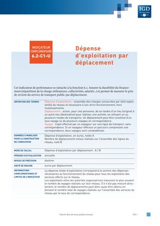 Cet indicateur de performance se rattache à la fonction 6.2. Assurer la durabilité du finance-
ment (répartition de la charge utilisateurs, collectivités, salariés…) et permet de mesurer le prix
de revient du service de transport public par déplacement.
Dépense d’exploitation : ensemble des charges consacrées par le(s) exploi-
tant(s) du réseau et nécessaire à son strict fonctionnement, hors
investissements.
Déplacement : action, pour une personne, de se rendre d’un lieu (origine) à
un autre lieu (destination) pour réaliser une activité, en utilisant un ou
plusieurs modes de transports. Un déplacement peut être constitué d’un
seul voyage ou de plusieurs voyages en correspondance.
Voyage : trajet effectué par un voyageur sur une ligne de transport, sans
correspondance. Si un voyageur effectue un parcours comprenant une
correspondance, deux voyages sont comptabilisés.
Dépense d'exploitation, en euros, notée A
Nombre de déplacements totaux réalisés sur l’ensemble des lignes du
réseau, noté B
Dépense d’exploitation par déplacement : A / B
annuelle
dixième
euros par déplacement
La dépense totale d’exploitation correspond à la somme des dépenses
nécessaires au fonctionnement du réseau pour tous les exploitants des
services offerts sur le réseau.
Les exploitants et/ou les autorités organisatrices mesurent le plus souvent
le nombre de voyages réalisés sur leur réseau. S’il n’est pas mesuré direc-
tement, le nombre de déplacements peut donc aussi être obtenu en
divisant le nombre total de voyages réalisés sur l’ensemble des services du
réseau par le taux de correspondance.
INFORMATIONS
COMPLÉMENTAIRES ET
LIMITES DE L’INDICATEUR
UNITÉ DE MESURE
NIVEAU DE PRÉCISION
PÉRIODE D’ACTUALISATION
MODE DE CALCUL
DONNÉES À MOBILISER
POUR LA CONSTRUCTION
DE L’INDICATEUR
DÉFINITION DES TERMES
Charte des services publics locaux /35 /
INDICATEUR
COMPLÉMENTAIRE
6.2-C1-U
Dépense
d’exploitation par
déplacement
 