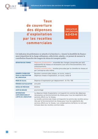 / 36 / Charte des services publics locaux
INDICATEUR
COMPLÉMENTAIRE
6.2-C2-U
Cet indicateur de performance se rattache à la fonction 6.2. Assurer la durabilité du finance-
ment (répartition de la charge utilisateurs, collectivités, salariés…) et permet de mesurer la
contribution financière des usagers du réseau de transport public.
Dépenses d’exploitation : ensemble des charges consacrées par le(s)
exploitant(s) du réseau et nécessaire à son strict fonctionnement, hors
investissements.
Recettes commerciales : recettes procurées par la clientèle du réseau et
par l’entreprise elle-même.
Recettes commerciales totales, en euros, notée A
Dépenses totales d’exploitation, en euros, notée B
Dépense d’exploitation par déplacement : A / B x 100
annuelle
dixième
pourcentage
La dépense totale d’exploitation correspond à la somme des dépenses
nécessaires au fonctionnement du réseau pour tous les exploitants des
services offerts sur le réseau.
La recette commerciale totale correspond à la somme des recettes procu-
rées par le fonctionnement du réseau pour tous les exploitants des
services offerts sur le réseau. Les compensations tarifaires ne sont pas
incluses dans les recettes commerciales.
INFORMATIONS
COMPLÉMENTAIRES ET
LIMITES DE L’INDICATEUR
UNITÉ DE MESURE
NIVEAU DE PRÉCISION
PÉRIODE D’ACTUALISATION
MODE DE CALCUL
DONNÉES À MOBILISER
POUR LA CONSTRUCTION
DE L’INDICATEUR
DÉFINITION DES TERMES
Taux
de couverture
des dépenses
d’exploitation
par les recettes
commerciales
Indicateurs de performance des services de transport public
 