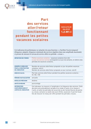 / 42 / Charte des services publics locaux
INDICATEUR
MAJEUR
1.2-M1-I
Cet indicateur de performance se rattache à la sous fonction 1.2 Faciliter l’accès temporel
(fréquence adaptée, fréquence minimale des services réguliers dans une amplitude maximale)
et permet de mesurer le niveau de service offert en période « creuse ».
Petites vacances scolaires : vacances scolaires hors été.
Le jour de service normal correspond à un jour de semaine, en dehors des
périodes de vacances scolaires.
Nombre de services aller/retour proposés un jour de petites vacances
scolaires, noté A
Nombre de services aller/retour proposés un jour normal, noté B
Part des services aller/retour pendant les petites vacances scolaires :
(A / B) x 100
annuelle
dixième
pourcentage
Cet indicateur ne mesure ni l’amplitude ni la fréquence des services. Cette
dernière est profondément variable d’un mode à l’autre, d’un réseau à
l’autre, et selon les périodes de la journée ou de l’année (heures de pointe
ou creuse, semaine ou week-end, jours fériés, vacances). Il permet toute-
fois de mesurer le niveau de l’offre pendant les périodes creuses.
INFORMATIONS
COMPLÉMENTAIRES ET
LIMITES DE L’INDICATEUR
UNITÉ DE MESURE
NIVEAU DE PRÉCISION
PÉRIODE D’ACTUALISATION
MODE DE CALCUL
DONNÉES À MOBILISER
POUR LA CONSTRUCTION
DE L’INDICATEUR
DÉFINITION DES TERMES
Part
des services
aller/retour
fonctionnant
pendant les petites
vacances scolaires
Indicateurs de performance des services de transport public
 