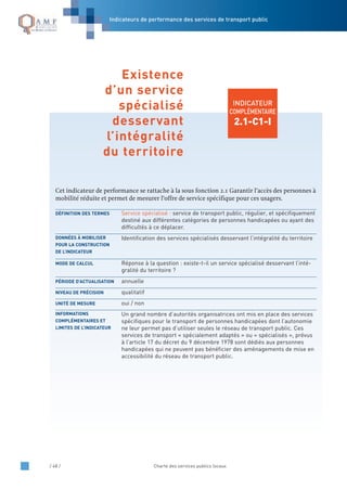 / 48 / Charte des services publics locaux
INDICATEUR
COMPLÉMENTAIRE
2.1-C1-I
Cet indicateur de performance se rattache à la sous fonction 2.1 Garantir l’accès des personnes à
mobilité réduite et permet de mesurer l’offre de service spécifique pour ces usagers.
Service spécialisé : service de transport public, régulier, et spécifiquement
destiné aux différentes catégories de personnes handicapées ou ayant des
difficultés à ce déplacer.
Identification des services spécialisés desservant l’intégralité du territoire
Réponse à la question : existe-t-il un service spécialisé desservant l’inté-
gralité du territoire ?
annuelle
qualitatif
oui / non
Un grand nombre d’autorités organisatrices ont mis en place des services
spécifiques pour le transport de personnes handicapées dont l’autonomie
ne leur permet pas d’utiliser seules le réseau de transport public. Ces
services de transport « spécialement adaptés » ou « spécialisés », prévus
à l’article 17 du décret du 9 décembre 1978 sont dédiés aux personnes
handicapées qui ne peuvent pas bénéficier des aménagements de mise en
accessibilité du réseau de transport public.
INFORMATIONS
COMPLÉMENTAIRES ET
LIMITES DE L’INDICATEUR
UNITÉ DE MESURE
NIVEAU DE PRÉCISION
PÉRIODE D’ACTUALISATION
MODE DE CALCUL
DONNÉES À MOBILISER
POUR LA CONSTRUCTION
DE L’INDICATEUR
DÉFINITION DES TERMES
Existence
d’un service
spécialisé
desservant
l’intégralité
du territoire
Indicateurs de performance des services de transport public
 