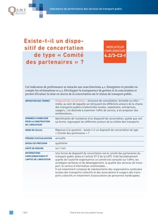 / 58 / Charte des services publics locaux
INDICATEUR
COMPLÉMENTAIRE
4.2/3-C2-I
Cet indicateur de performance se rattache aux sous fonctions 4.2. Enregistrer et prendre en
compte les réclamations et 4.3. Développer la transparence de gestion et la concertation et
permet d’évaluer la mise en œuvre de la concertation sur le réseau de transport public.
Dispositif de concertation : structure de consultation, formelle ou infor-
melle, au sein de laquelle se retrouvent les différents acteurs de la chaine
des transports publics (collectivités locales, exploitants, entreprises,
usagers…) et destinée à examiner l’offre de service, à en proposer des
améliorations…
Identification de l’existence d’un dispositif de concertation, quelle que soit
sa forme, regroupant les différents acteurs de la chaîne des transports
Réponse à la question : existe-t-il un dispositif de concertation de type
« Comité des partenaires » ?
annuelle
qualitative
oui / non
Une forme de dispositif de concertation est le comité des partenaires du
transport public prévu à l’article 27-2 de la LOTI. Créé facultativement
auprès de l’autorité organisatrice ce comité est consulté sur l’offre, les
stratégies tarifaires et de développement, la qualité des services de trans-
port, le service d’information multimodale...
Il est notamment composé de représentants des organisations syndicales
locales des transports collectifs et des associations d’usagers des trans-
ports collectifs et notamment d’associations de personnes handicapées.
INFORMATIONS
COMPLÉMENTAIRES ET
LIMITES DE L’INDICATEUR
UNITÉ DE MESURE
NIVEAU DE PRÉCISION
PÉRIODE D’ACTUALISATION
MODE DE CALCUL
DONNÉES À MOBILISER
POUR LA CONSTRUCTION
DE L’INDICATEUR
DÉFINITION DES TERMES
Existe-t-il un dispo-
sitif de concertation
de type « Comité
des partenaires » ?
Indicateurs de performance des services de transport public
 