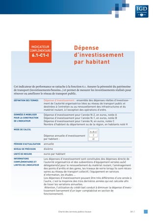 Cet indicateur de performance se rattache à la fonction 6.1. Assurer la pérennité du patrimoine
de transport (investissements/besoins…) et permet de mesurer les investissements réalisés pour
rénover ou améliorer le réseau de transport public.
Dépense d’investissement : ensemble des dépenses réelles d’investisse-
ment de l’autorité organisatrice liées au réseau de transport public et
destinées à l’entretien ou au renouvellement des infrastructures et du
matériel roulant, à l’exception des opérations d’ordre.
Dépense d’investissement pour l’année N-2, en euros, notée A
Dépense d’investissement pour l’année N-1, en euros, notée B
Dépense d’investissement pour l’année N, en euros, notée C
Nombre d’habitant du département ou de la région, en habitants noté H
Dépense annuelle d’investissement
par habitant :
annuelle
dixième
euros par habitant
Les dépenses d’investissement sont constituées des dépenses directe de
l’autorité organisatrice et des subventions d’équipement versées au(x)
délégataire(s) pour le renouvellement du matériel roulant, l’aménagement
des points d’arrêts et des gares, les travaux de voirie lorsqu’ils sont néces-
saires au réseau de transport collectif, l’équipement en services
d’information, les études …
Les dépenses d’investissement pouvant être très différentes d’une année à
l’autre, c’est la moyenne des trois dernières années qui est calculée afin
de lisser les variations annuelles.
Attention, l'utilisation du crédit bail conduit à diminuer la dépense d'inves-
tissement (versement d'un loyer comptabilisé en section de
fonctionnement).
INFORMATIONS
COMPLÉMENTAIRES ET
LIMITES DE L’INDICATEUR
UNITÉ DE MESURE
NIVEAU DE PRÉCISION
PÉRIODE D’ACTUALISATION
MODE DE CALCUL
DONNÉES À MOBILISER
POUR LA CONSTRUCTION
DE L’INDICATEUR
DÉFINITION DES TERMES
Charte des services publics locaux /61 /
INDICATEUR
COMPLÉMENTAIRE
6.1-C1-I
Dépense
d’investissement
par habitant
A+B+C
3
H
 