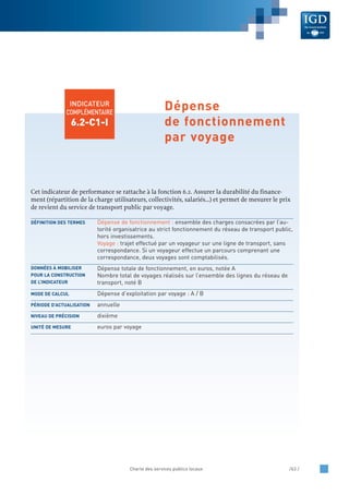 Cet indicateur de performance se rattache à la fonction 6.2. Assurer la durabilité du finance-
ment (répartition de la charge utilisateurs, collectivités, salariés…) et permet de mesurer le prix
de revient du service de transport public par voyage.
Dépense de fonctionnement : ensemble des charges consacrées par l’au-
torité organisatrice au strict fonctionnement du réseau de transport public,
hors investissements.
Voyage : trajet effectué par un voyageur sur une ligne de transport, sans
correspondance. Si un voyageur effectue un parcours comprenant une
correspondance, deux voyages sont comptabilisés.
Dépense totale de fonctionnement, en euros, notée A
Nombre total de voyages réalisés sur l’ensemble des lignes du réseau de
transport, noté B
Dépense d’exploitation par voyage : A / B
annuelle
dixième
euros par voyageUNITÉ DE MESURE
NIVEAU DE PRÉCISION
PÉRIODE D’ACTUALISATION
MODE DE CALCUL
DONNÉES À MOBILISER
POUR LA CONSTRUCTION
DE L’INDICATEUR
DÉFINITION DES TERMES
Charte des services publics locaux /63 /
INDICATEUR
COMPLÉMENTAIRE
6.2-C1-I
Dépense
de fonctionnement
par voyage
 